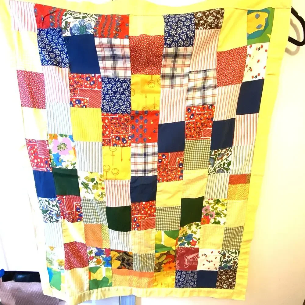 Vintage Handmade Patchwork Baby Blanket Floral Butterflies Colorful W34xL43.5”